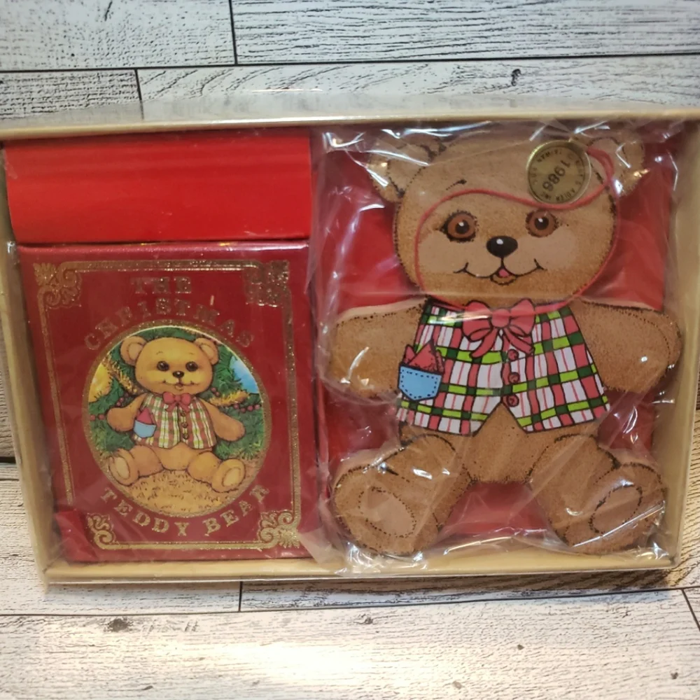 Vtg Kurt Adler Christmas Teddy Bear And Book Ornament Boxed Set 1986 EUC
